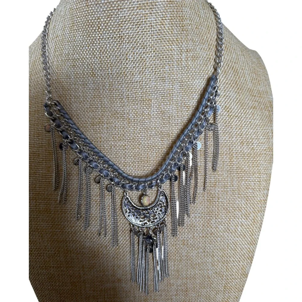 Claires Silver Tone Boho Crescent Moon Fringe Statement Bib Necklace Filigree